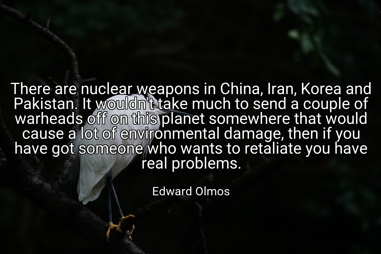 There are nuclear weapons in China, Iran, Korea and Pakistan. It wouldn't take much to send a couple of warheads off on this planet somewhere that would cause a lot of environmental damage, then if you have got someone who wants to retaliate you have real problems. - Edward Olmos