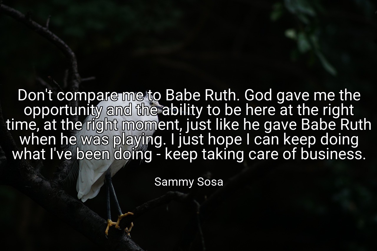 Don't compare me to Babe Ruth. God gave me the opportunity and the ability to be here at the right time, at the right moment, just like he gave Babe Ruth when he was playing. I just hope I can keep doing what I've been doing - keep taking care of business. - Sammy Sosa