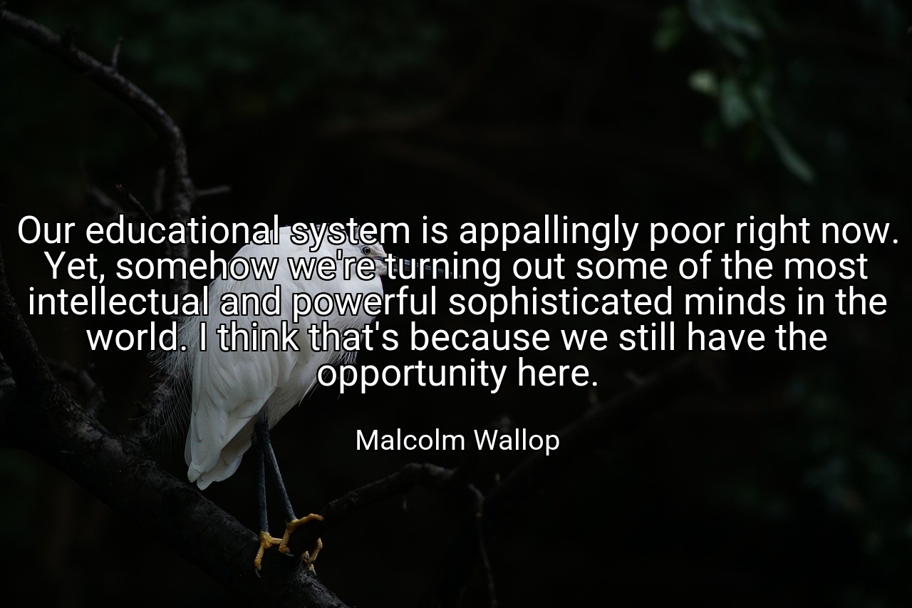 Our educational system is appallingly poor right now. Yet, somehow we're turning out some of the most intellectual and powerful sophisticated minds in the world. I think that's because we still have the opportunity here. - Malcolm Wallop