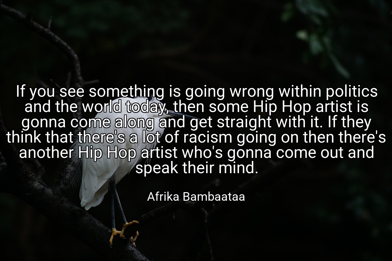 If you see something is going wrong within politics and the world today, then some Hip Hop artist is gonna come along and get straight with it. If they think that there's a lot of racism going on then there's another Hip Hop artist who's gonna come out and speak their mind. - Afrika Bambaataa