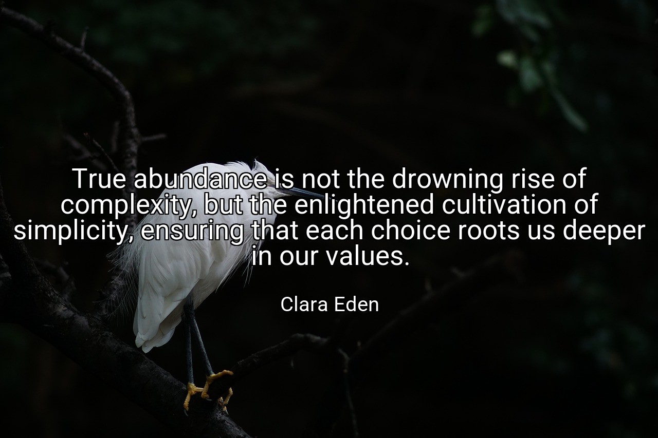 True abundance is not the drowning rise of complexity, but the enlightened cultivation of simplicity, ensuring that each choice roots us deeper in our values. - Clara Eden