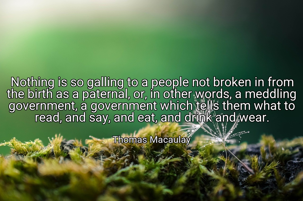 Nothing is so galling to a people not broken in from the birth as a paternal, or, in other words, a meddling government, a government which tells them what to read, and say, and eat, and drink and wear. - Thomas Macaulay