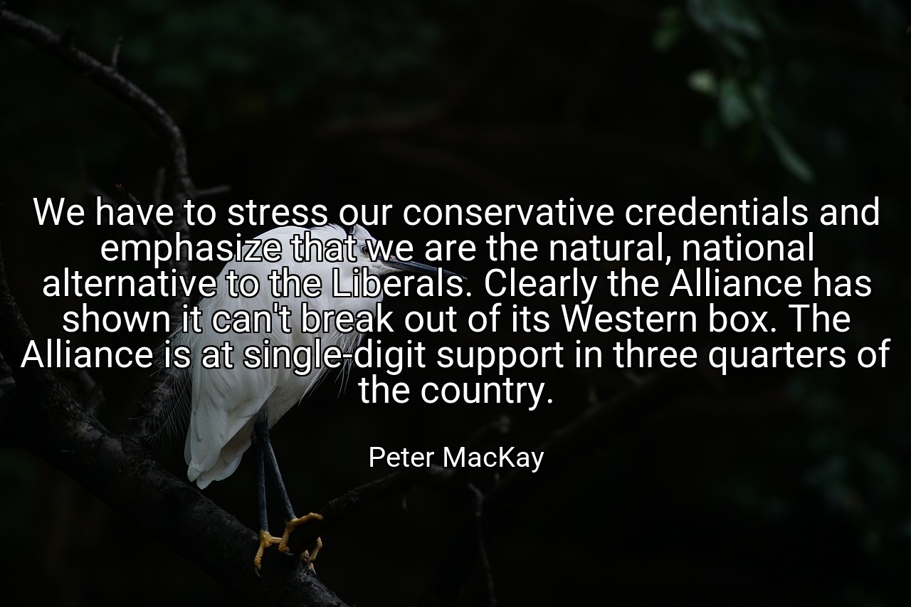 We have to stress our conservative credentials and emphasize that we are the natural, national alternative to the Liberals. Clearly the Alliance has shown it can't break out of its Western box. The Alliance is at single-digit support in three quarters of the country. - Peter MacKay