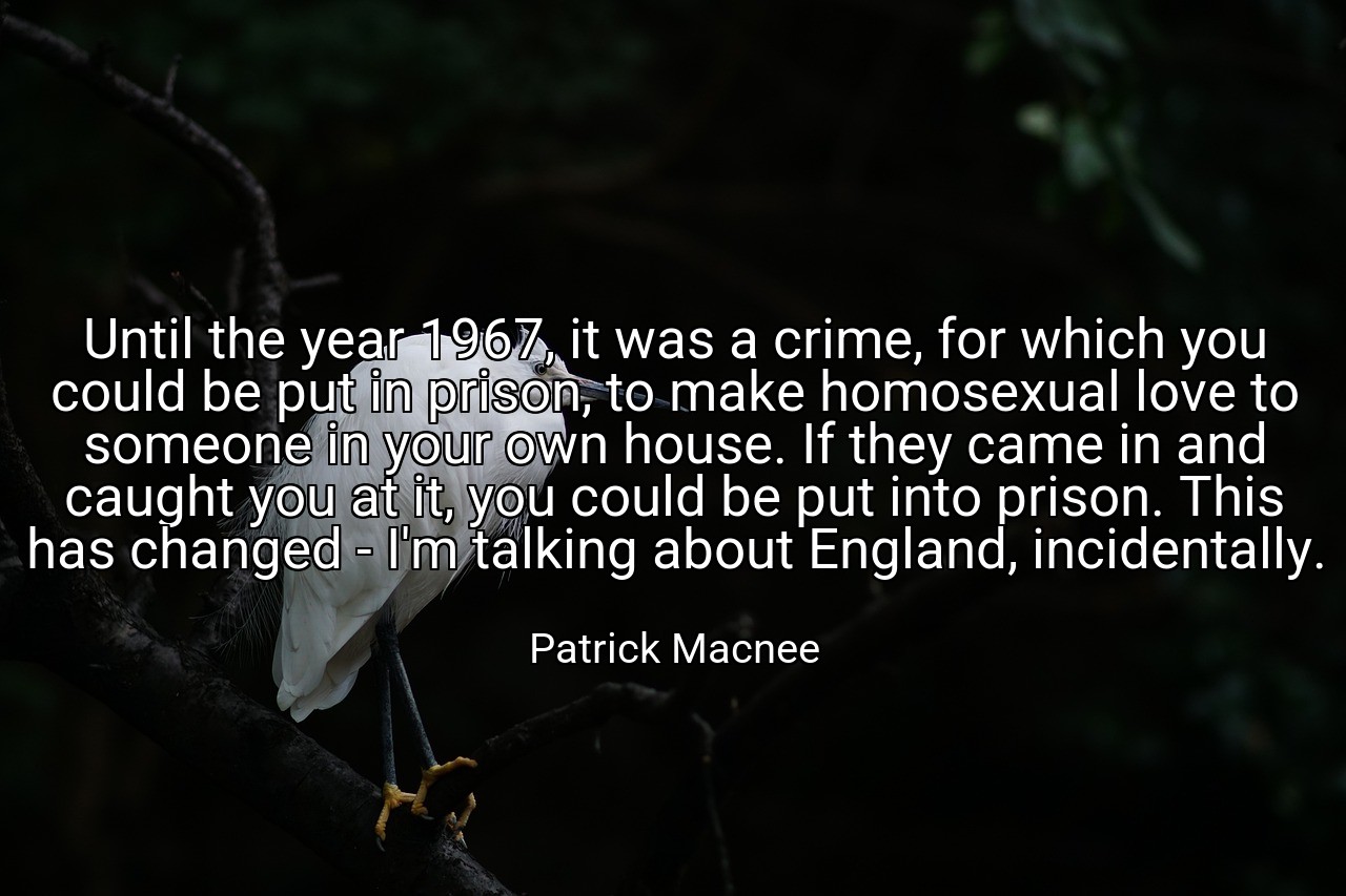 Until the year 1967, it was a crime, for which you could be put in prison, to make homosexual love to someone in your own house. If they came in and caught you at it, you could be put into prison. This has changed - I'm talking about England, incidentally. - Patrick Macnee