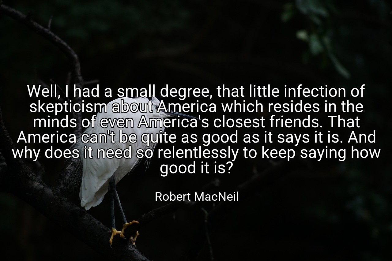 Well, I had a small degree, that little infection of skepticism about America which resides in the minds of even America's closest friends. That America can't be quite as good as it says it is. And why does it need so relentlessly to keep saying how good it is? - Robert MacNeil