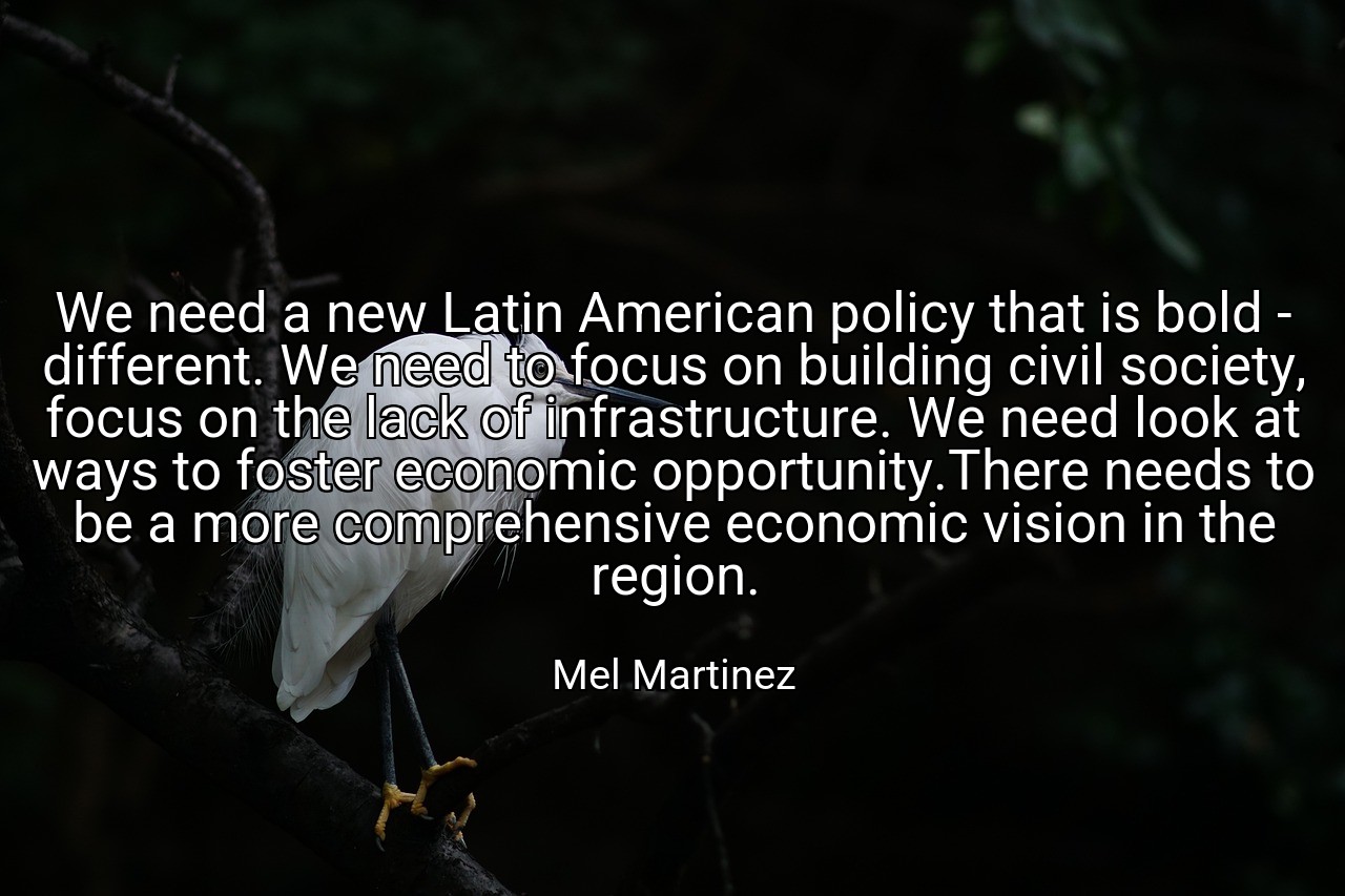 We need a new Latin American policy that is bold - different. We need to focus on building civil society, focus on the lack of infrastructure. We need look at ways to foster economic opportunity.There needs to be a more comprehensive economic vision in the region. - Mel Martinez