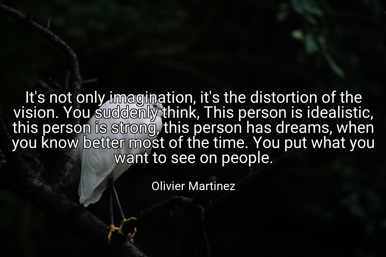 It's not only imagination, it's the distortion of the vision. You suddenly think, This person is idealistic, this person is strong, this person has dreams, when you know better most of the time. You put what you want to see on people. - Olivier Martinez