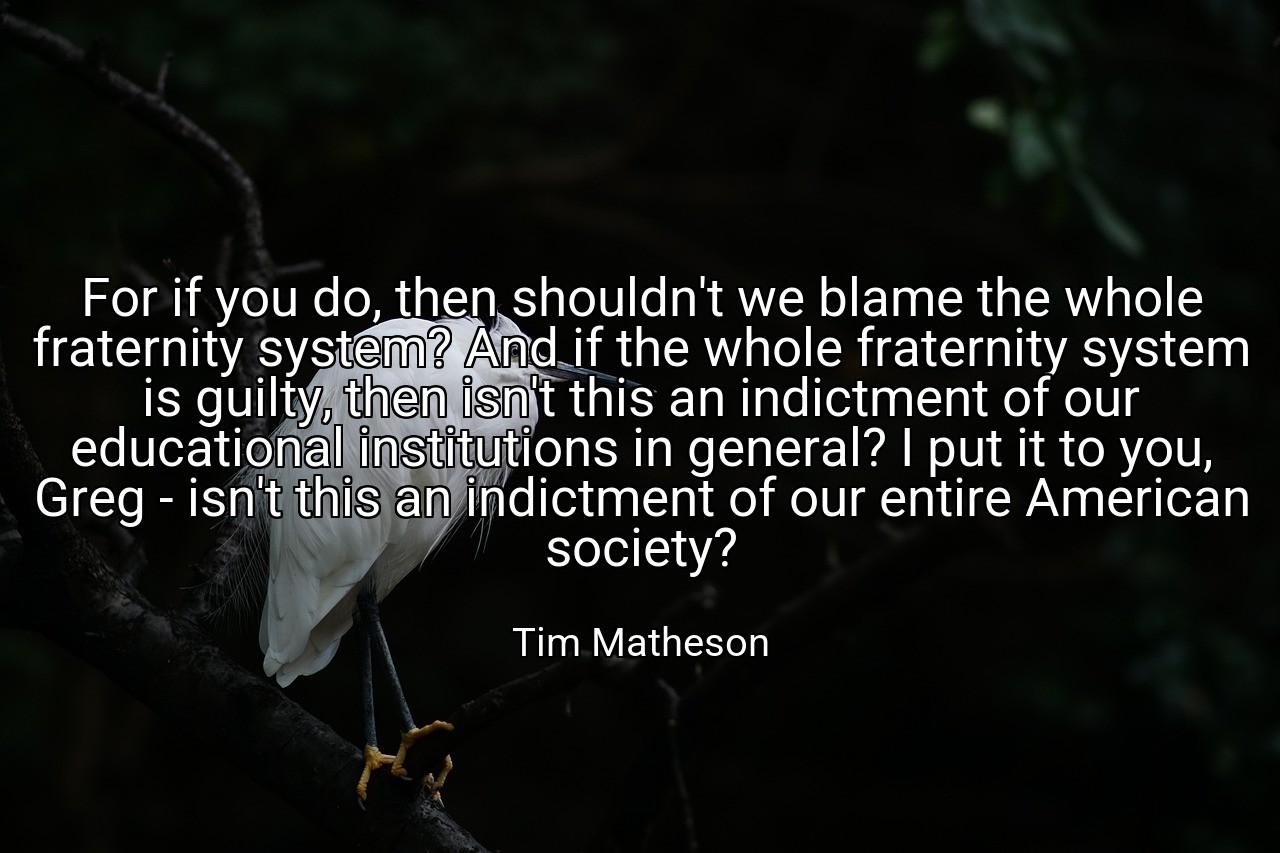 For if you do, then shouldn't we blame the whole fraternity system? And if the whole fraternity system is guilty, then isn't this an indictment of our educational institutions in general? I put it to you, Greg - isn't this an indictment of our entire American society? - Tim Matheson