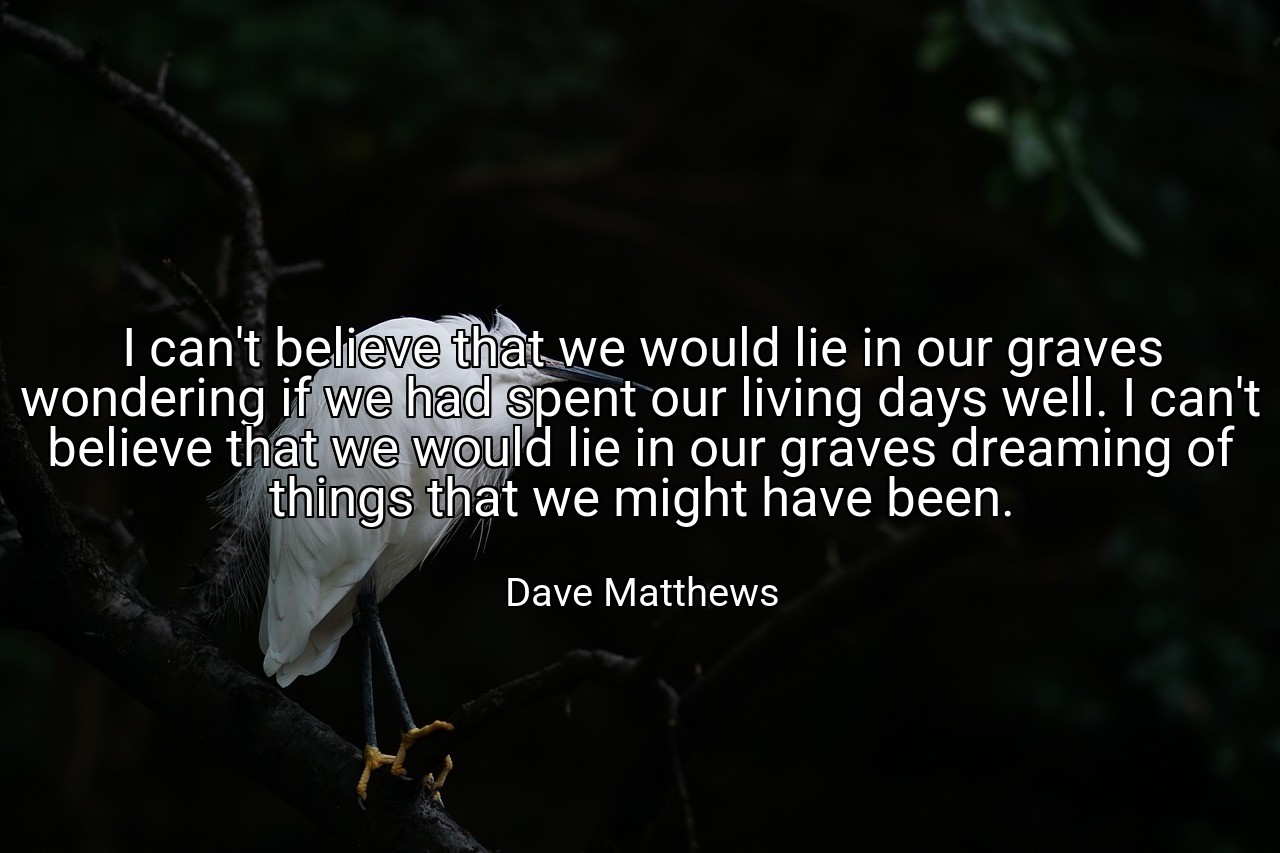 I can't believe that we would lie in our graves wondering if we had spent our living days well. I can't believe that we would lie in our graves dreaming of things that we might have been. - Dave Matthews