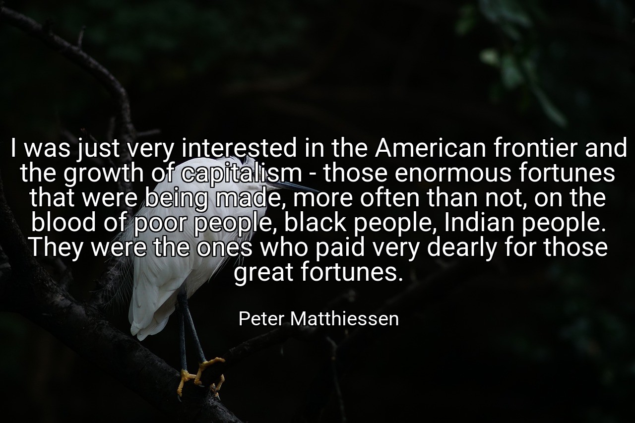 I was just very interested in the American frontier and the growth of capitalism - those enormous fortunes that were being made, more often than not, on the blood of poor people, black people, Indian people. They were the ones who paid very dearly for those great fortunes. - Peter Matthiessen