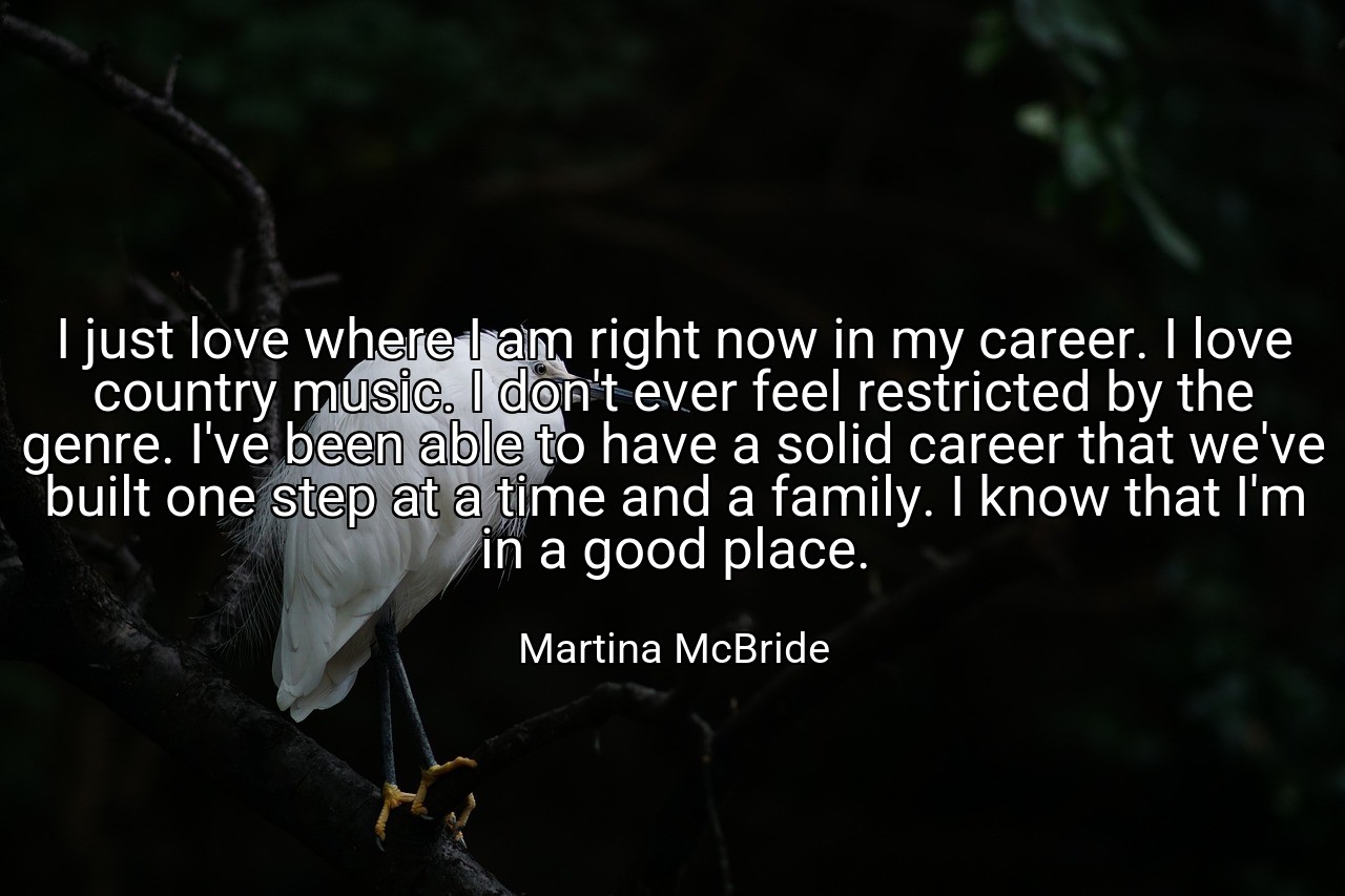 I just love where I am right now in my career. I love country music. I don't ever feel restricted by the genre. I've been able to have a solid career that we've built one step at a time and a family. I know that I'm in a good place. - Martina McBride