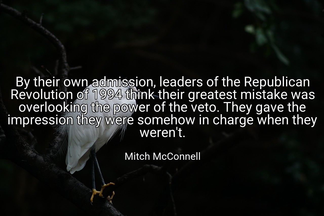 By their own admission, leaders of the Republican Revolution of 1994 think their greatest mistake was overlooking the power of the veto. They gave the impression they were somehow in charge when they weren't. - Mitch McConnell