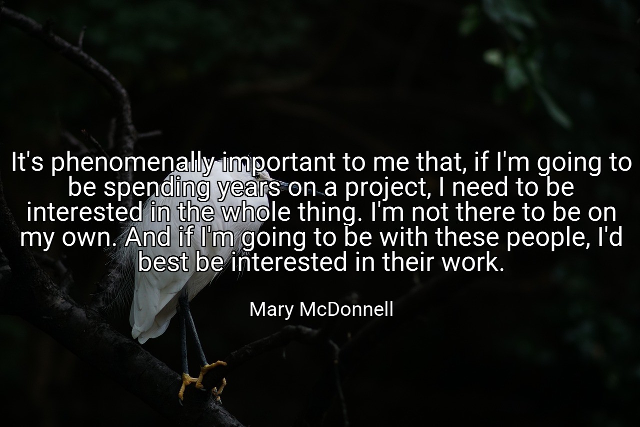 It's phenomenally important to me that, if I'm going to be spending years on a project, I need to be interested in the whole thing. I'm not there to be on my own. And if I'm going to be with these people, I'd best be interested in their work. - Mary McDonnell