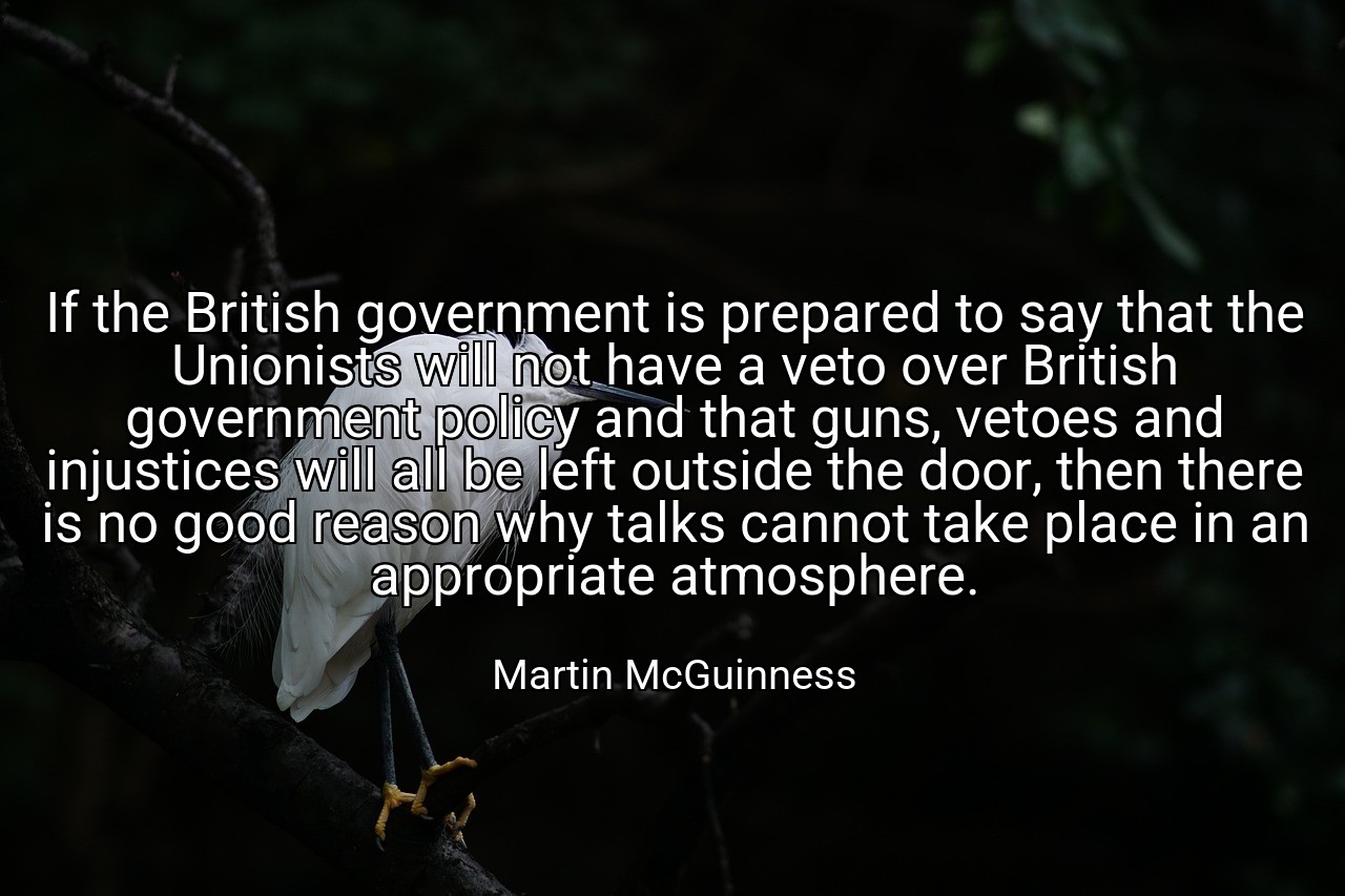 If the British government is prepared to say that the Unionists will not have a veto over British government policy and that guns, vetoes and injustices will all be left outside the door, then there is no good reason why talks cannot take place in an appropriate atmosphere. - Martin McGuinness