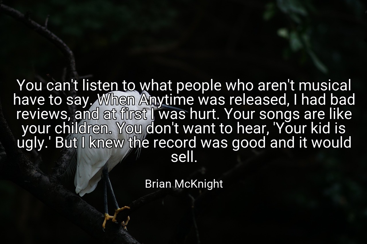 You can't listen to what people who aren't musical have to say. When Anytime was released, I had bad reviews, and at first I was hurt. Your songs are like your children. You don't want to hear, 'Your kid is ugly.' But I knew the record was good and it would sell. - Brian McKnight