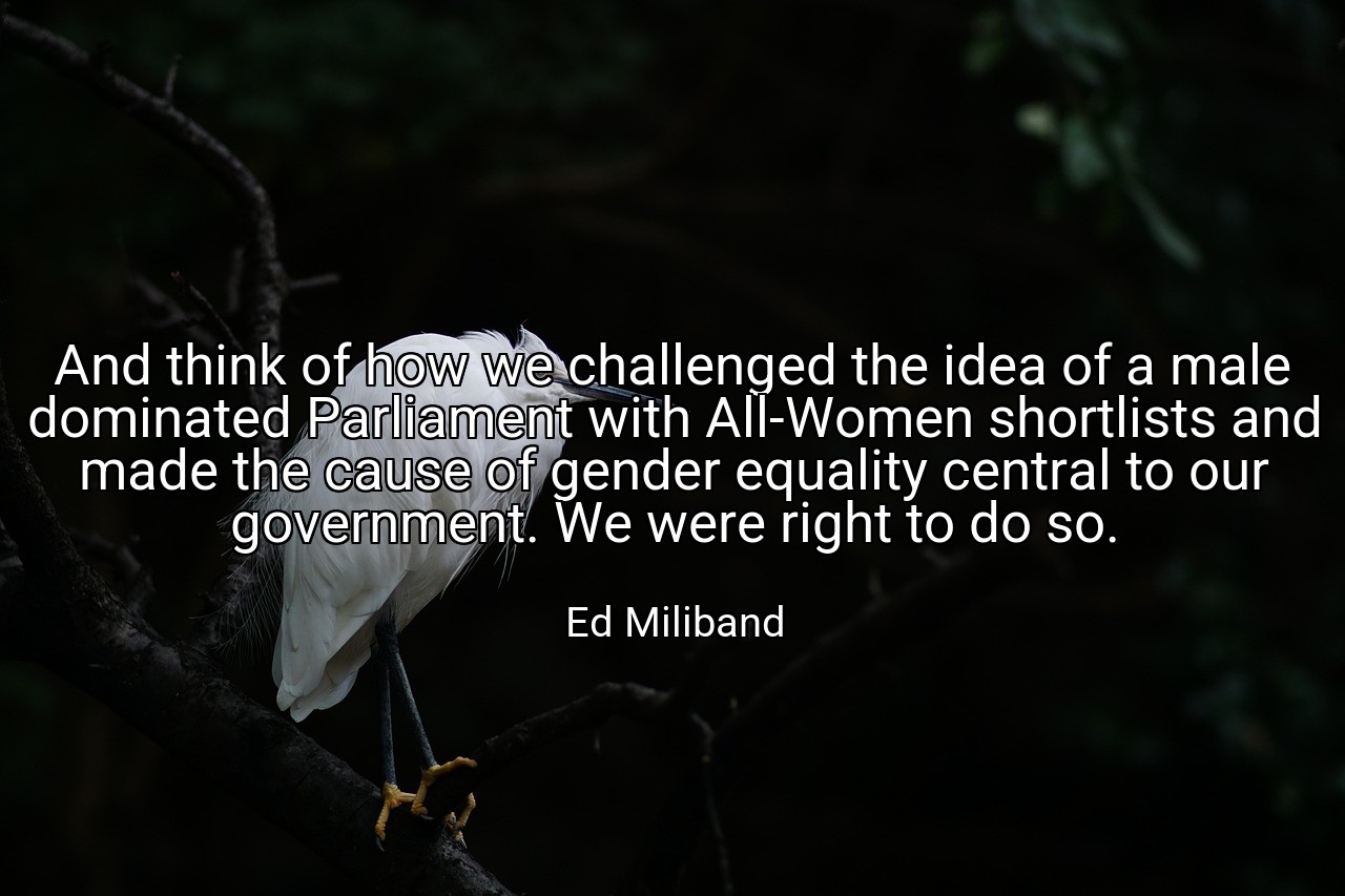 And think of how we challenged the idea of a male dominated Parliament with All-Women shortlists and made the cause of gender equality central to our government. We were right to do so. - Ed Miliband