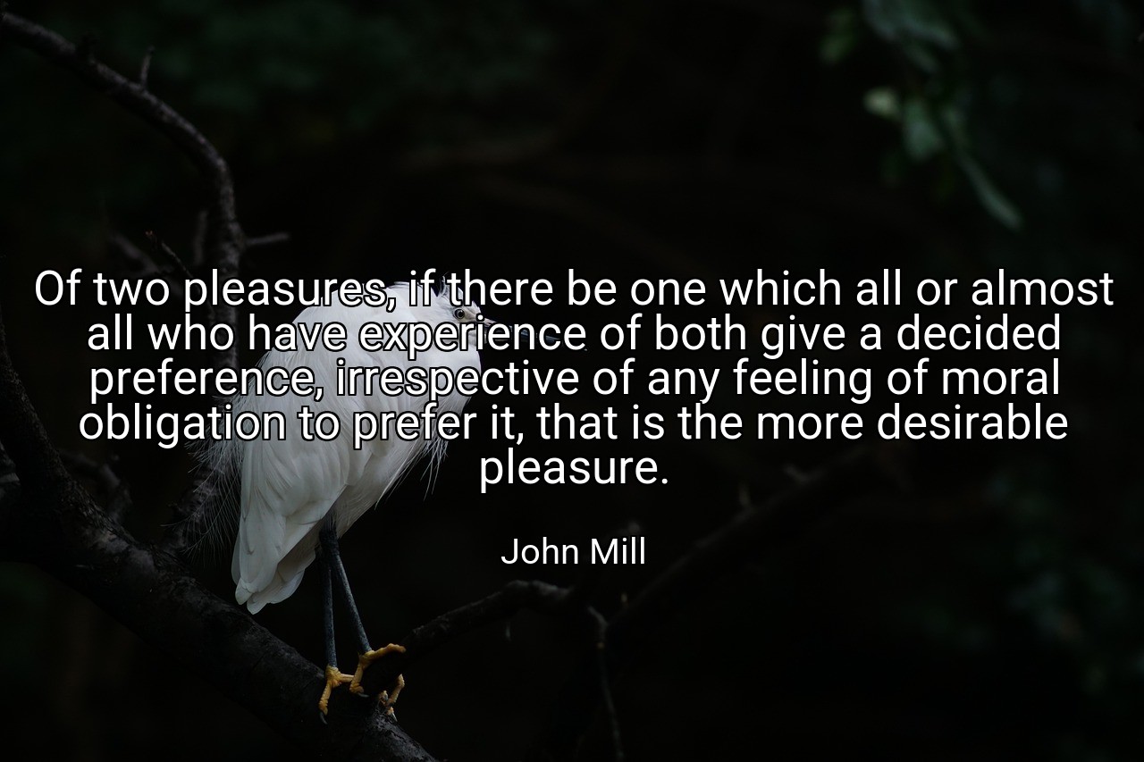 Of two pleasures, if there be one which all or almost all who have experience of both give a decided preference, irrespective of any feeling of moral obligation to prefer it, that is the more desirable pleasure. - John Mill
