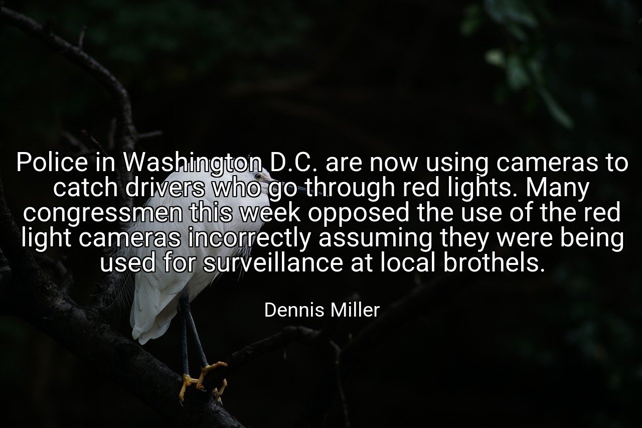 Police in Washington D.C. are now using cameras to catch drivers who go through red lights. Many congressmen this week opposed the use of the red light cameras incorrectly assuming they were being used for surveillance at local brothels. - Dennis Miller