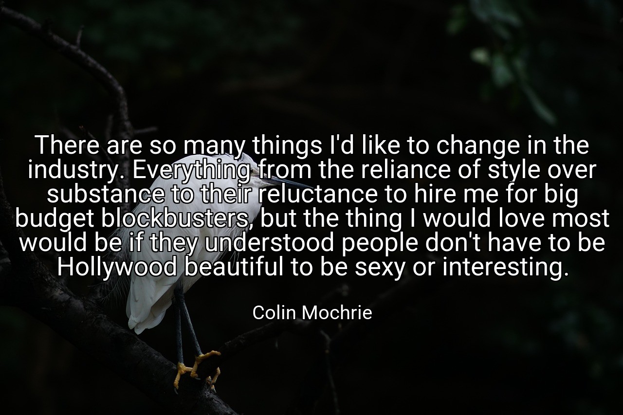 There are so many things I'd like to change in the industry. Everything from the reliance of style over substance to their reluctance to hire me for big budget blockbusters, but the thing I would love most would be if they understood people don't have to be Hollywood beautiful to be sexy or interesting. - Colin Mochrie