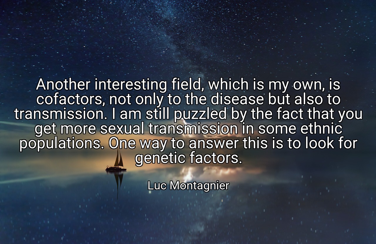 Another interesting field, which is my own, is cofactors, not only to the disease but also to transmission. I am still puzzled by the fact that you get more sexual transmission in some ethnic populations. One way to answer this is to look for genetic factors. - Luc Montagnier