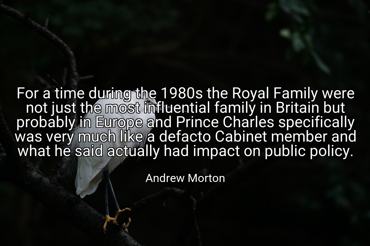 For a time during the 1980s the Royal Family were not just the most influential family in Britain but probably in Europe and Prince Charles specifically was very much like a defacto Cabinet member and what he said actually had impact on public policy. - Andrew Morton