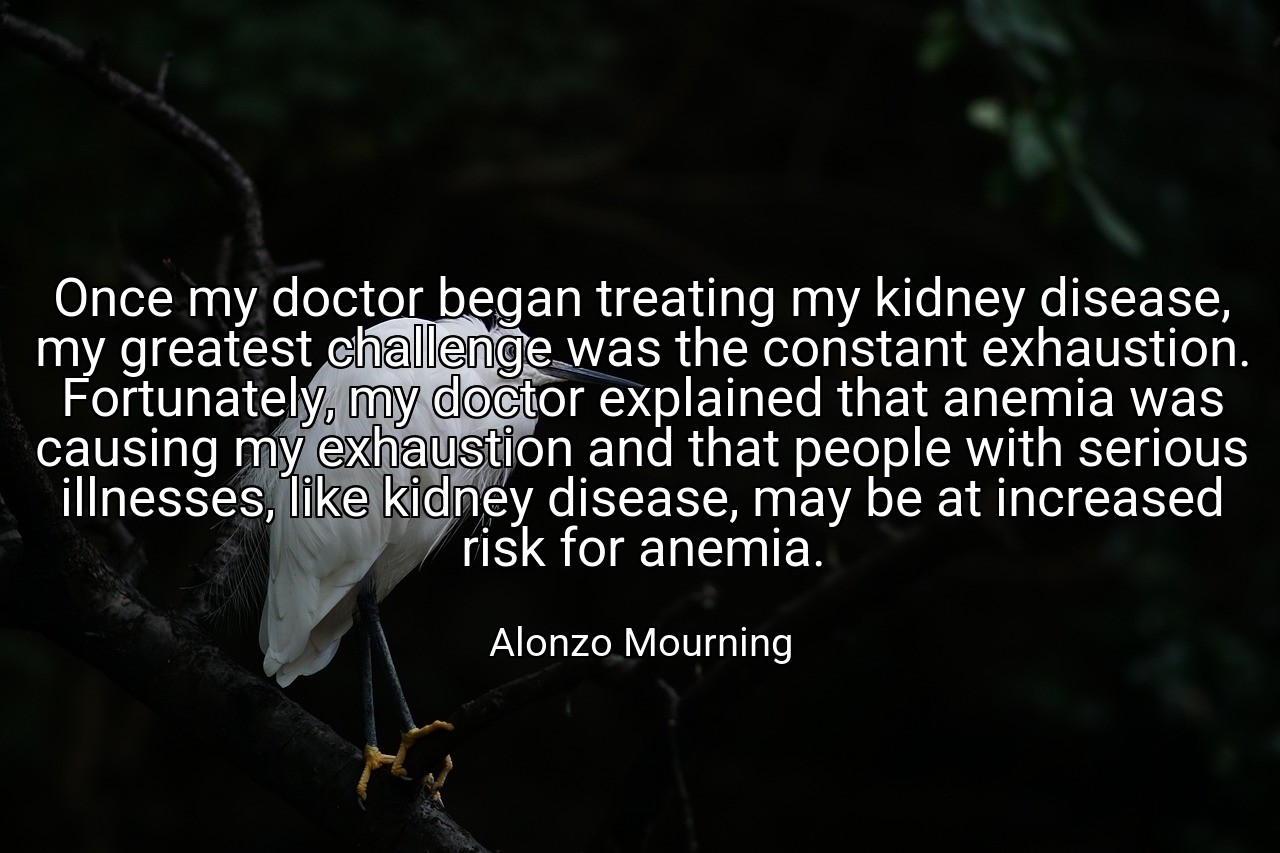 Once my doctor began treating my kidney disease, my greatest challenge was the constant exhaustion. Fortunately, my doctor explained that anemia was causing my exhaustion and that people with serious illnesses, like kidney disease, may be at increased risk for anemia. - Alonzo Mourning