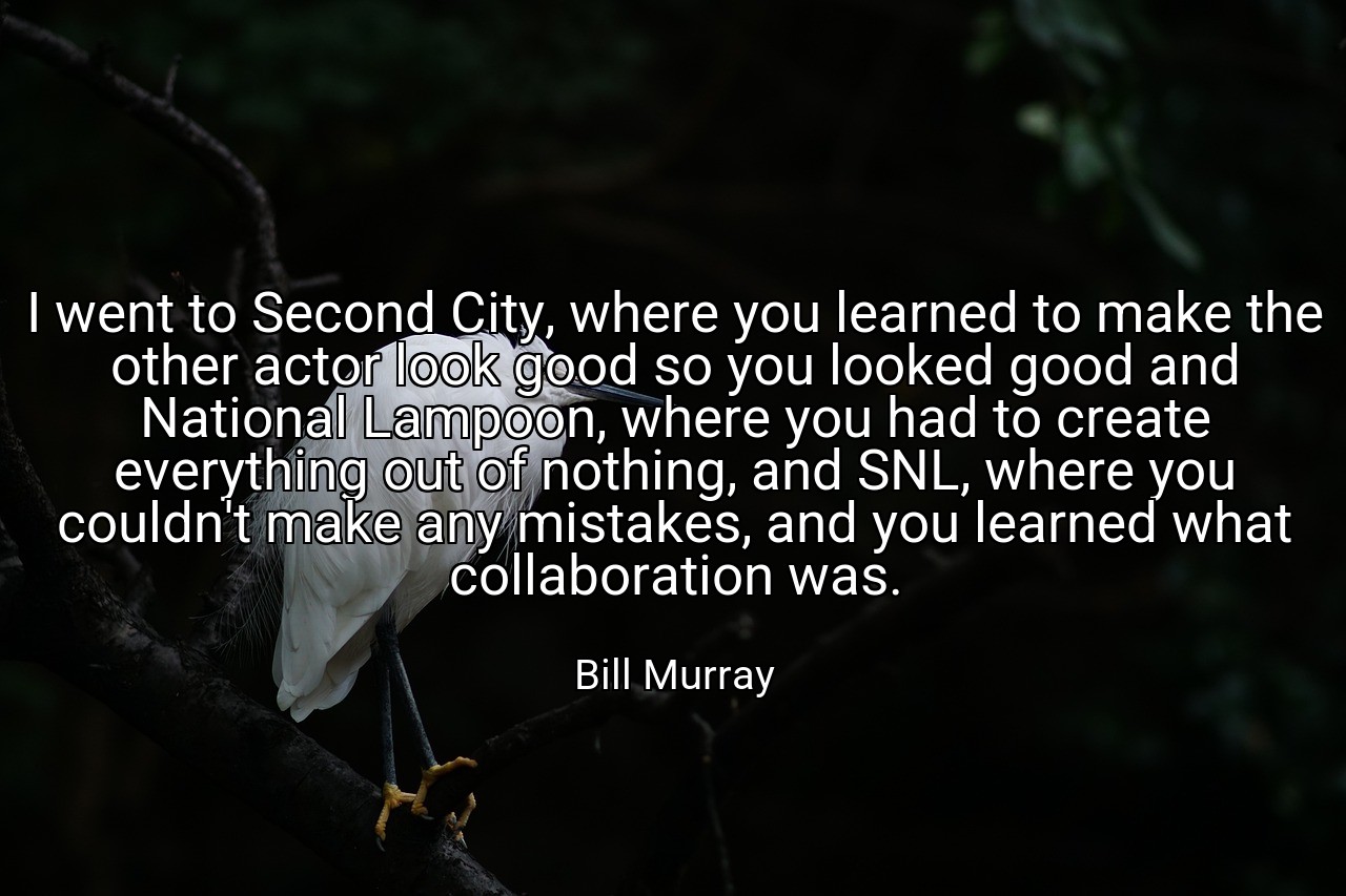 I went to Second City, where you learned to make the other actor look good so you looked good and National Lampoon, where you had to create everything out of nothing, and SNL, where you couldn't make any mistakes, and you learned what collaboration was. - Bill Murray