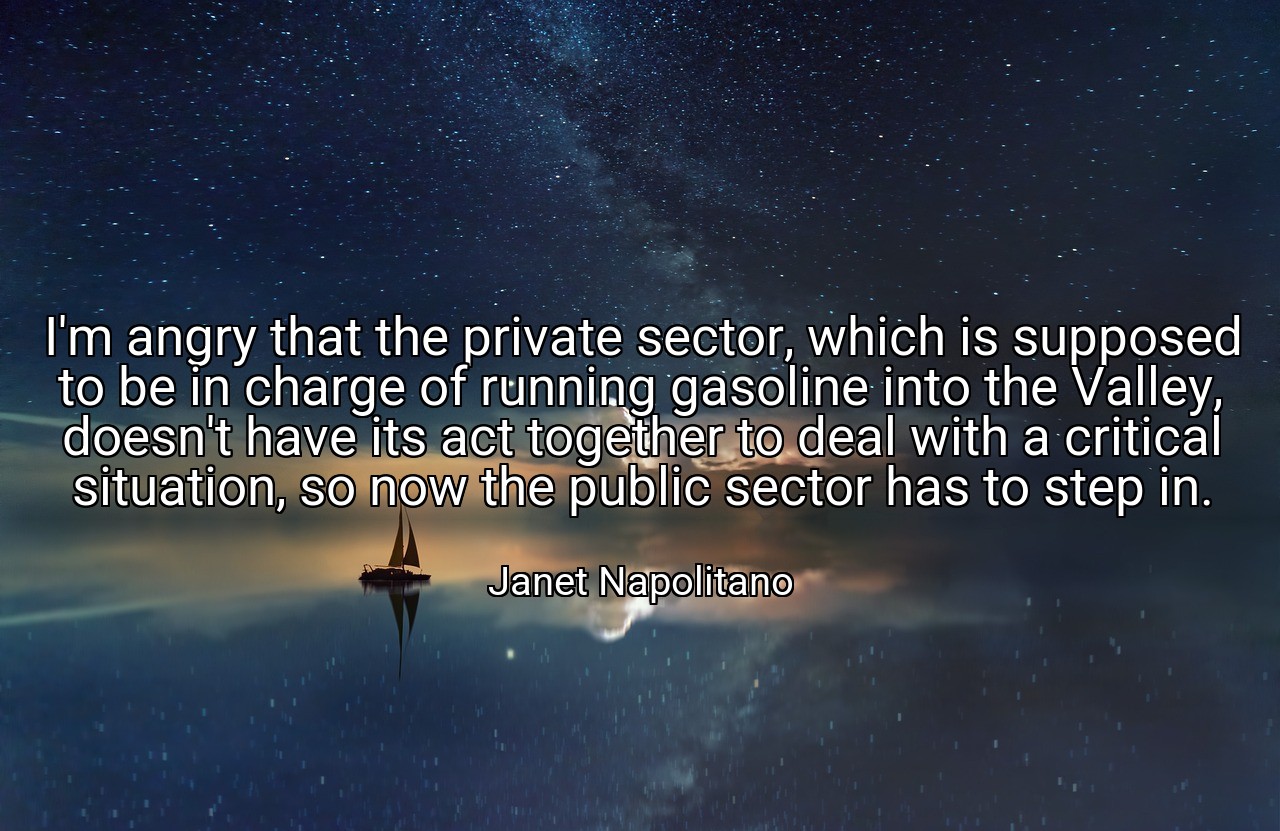 I'm angry that the private sector, which is supposed to be in charge of running gasoline into the Valley, doesn't have its act together to deal with a critical situation, so now the public sector has to step in. - Janet Napolitano