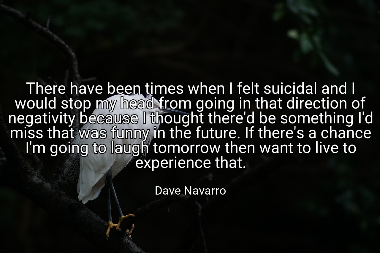 There have been times when I felt suicidal and I would stop my head from going in that direction of negativity because I thought there'd be something I'd miss that was funny in the future. If there's a chance I'm going to laugh tomorrow then want to live to experience that. - Dave Navarro