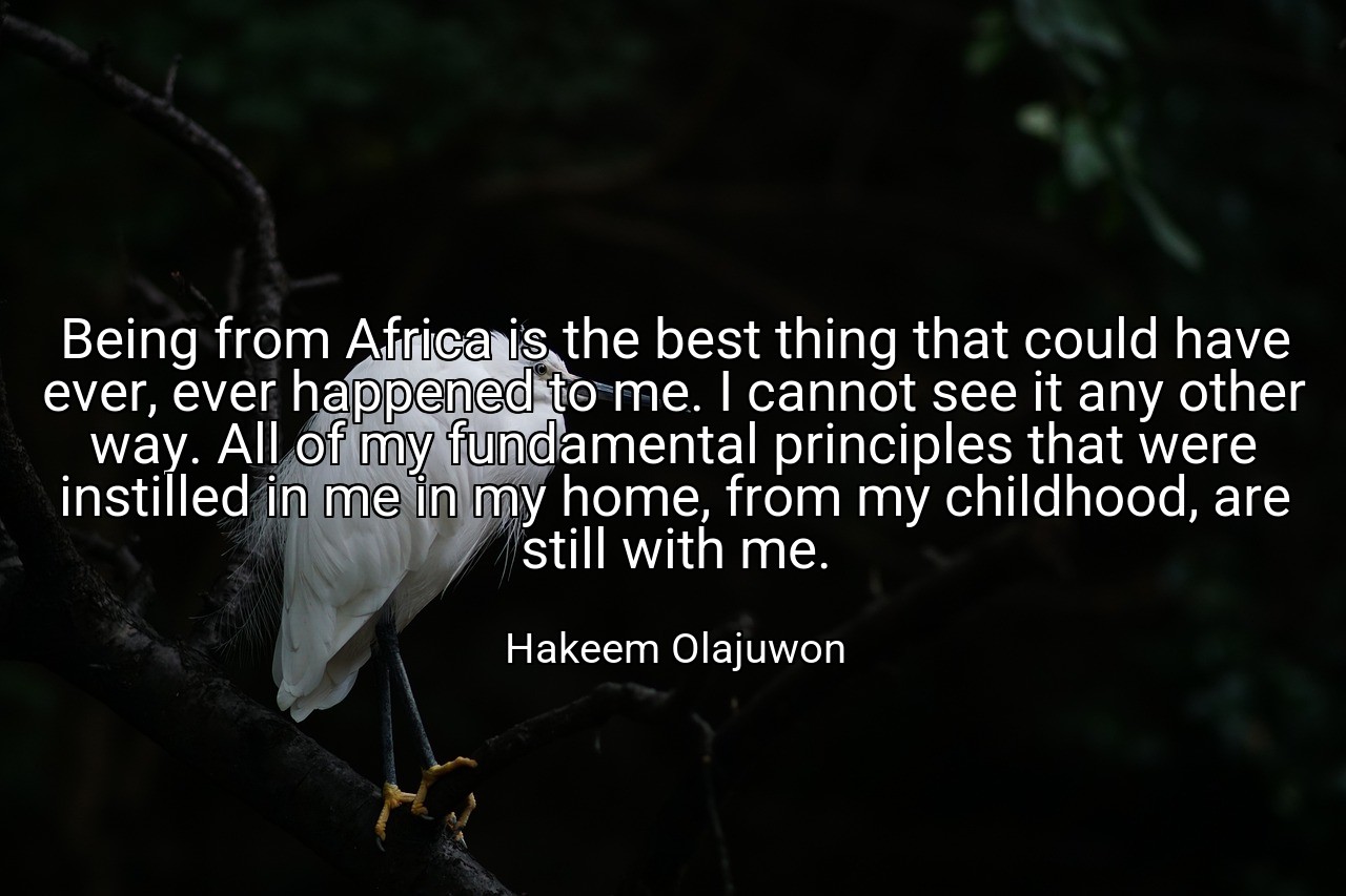 Being from Africa is the best thing that could have ever, ever happened to me. I cannot see it any other way. All of my fundamental principles that were instilled in me in my home, from my childhood, are still with me. - Hakeem Olajuwon