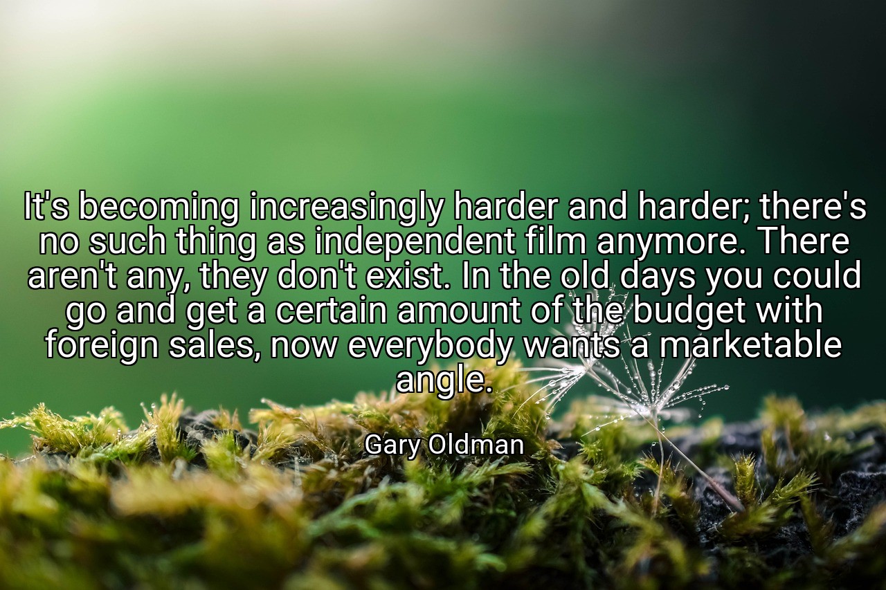 It's becoming increasingly harder and harder; there's no such thing as independent film anymore. There aren't any, they don't exist. In the old days you could go and get a certain amount of the budget with foreign sales, now everybody wants a marketable angle. - Gary Oldman