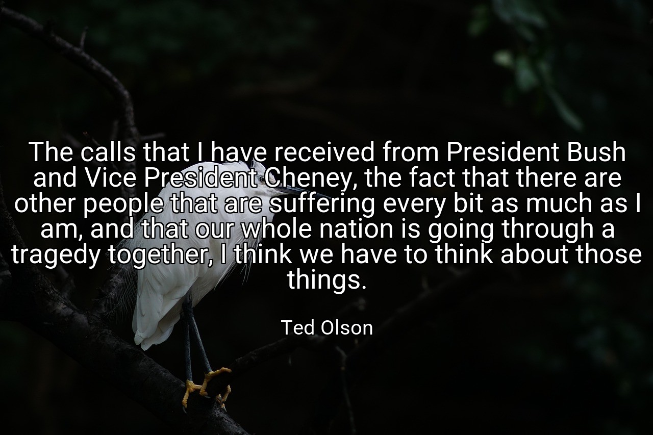The calls that I have received from President Bush and Vice President Cheney, the fact that there are other people that are suffering every bit as much as I am, and that our whole nation is going through a tragedy together, I think we have to think about those things. - Ted Olson
