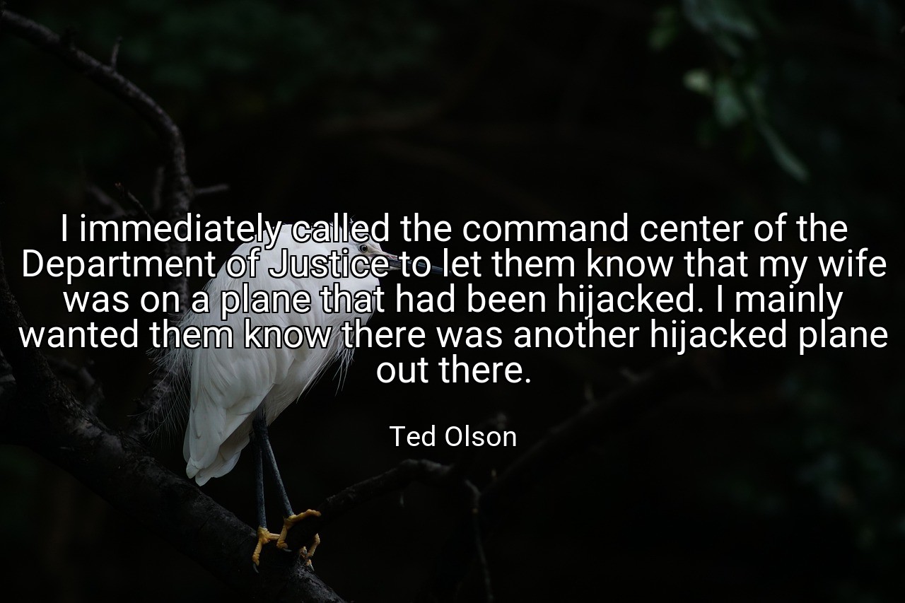 I immediately called the command center of the Department of Justice to let them know that my wife was on a plane that had been hijacked. I mainly wanted them know there was another hijacked plane out there. - Ted Olson
