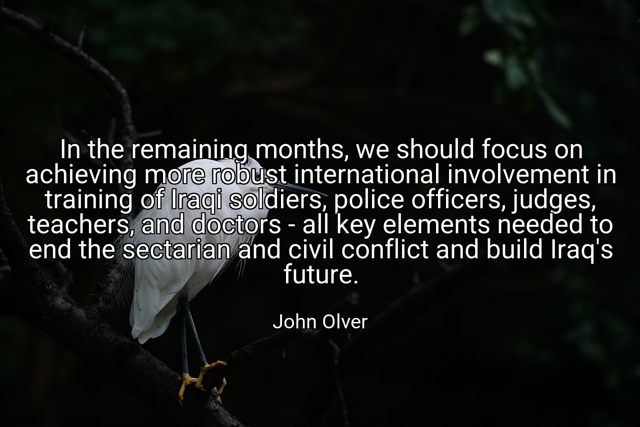 In the remaining months, we should focus on achieving more robust international involvement in training of Iraqi soldiers, police officers, judges, teachers, and doctors - all key elements needed to end the sectarian and civil conflict and build Iraq's future. - John Olver