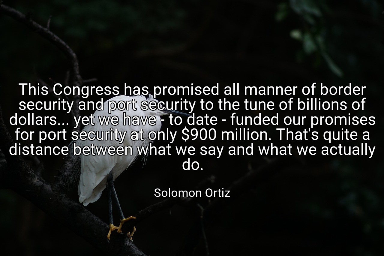 This Congress has promised all manner of border security and port security to the tune of billions of dollars... yet we have - to date - funded our promises for port security at only $900 million. That's quite a distance between what we say and what we actually do. - Solomon Ortiz
