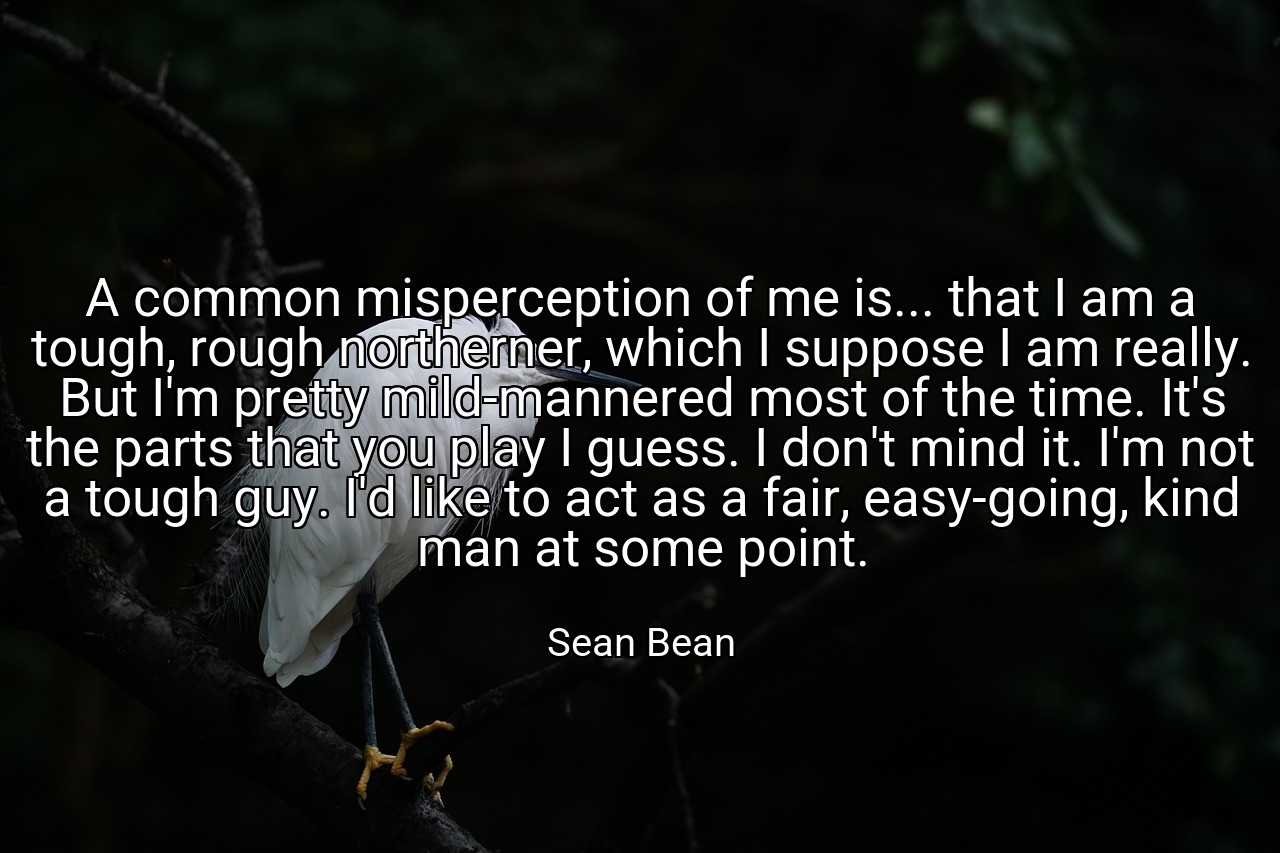 A common misperception of me is... that I am a tough, rough northerner, which I suppose I am really. But I'm pretty mild-mannered most of the time. It's the parts that you play I guess. I don't mind it. I'm not a tough guy. I'd like to act as a fair, easy-going, kind man at some point. - Sean Bean