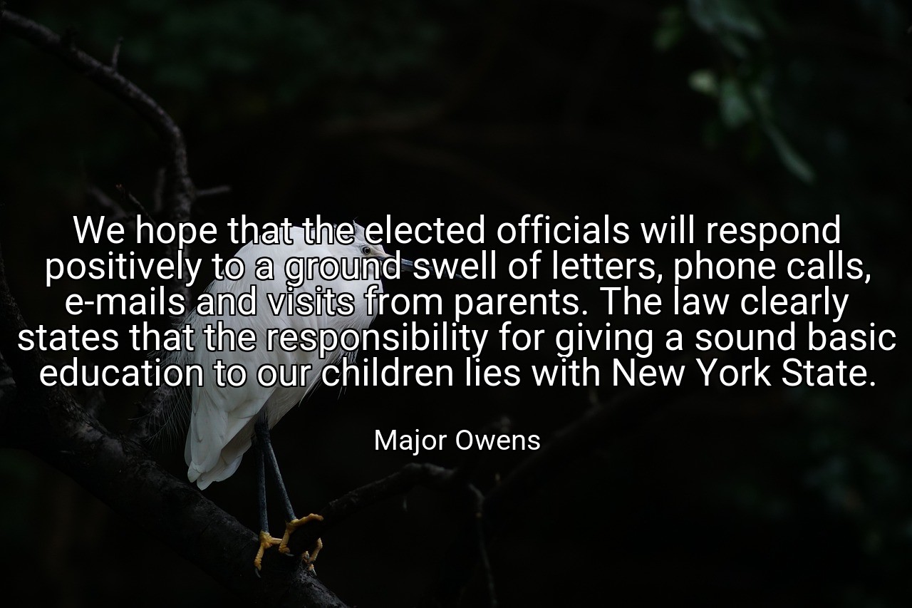 We hope that the elected officials will respond positively to a ground swell of letters, phone calls, e-mails and visits from parents. The law clearly states that the responsibility for giving a sound basic education to our children lies with New York State. - Major Owens