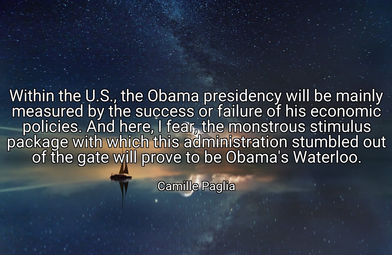 Within the U.S., the Obama presidency will be mainly measured by the success or failure of his economic policies. And here, I fear, the monstrous stimulus package with which this administration stumbled out of the gate will prove to be Obama's Waterloo. - Camille Paglia