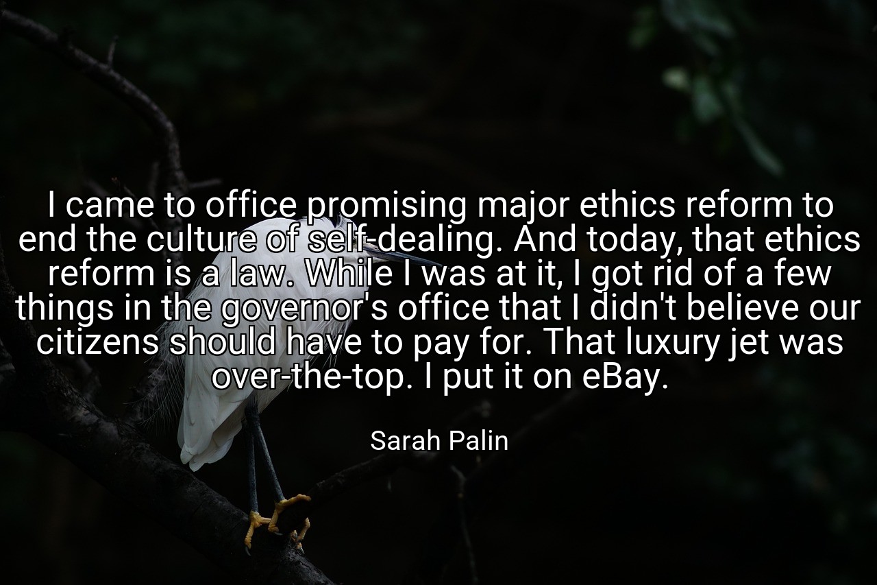 I came to office promising major ethics reform to end the culture of self-dealing. And today, that ethics reform is a law. While I was at it, I got rid of a few things in the governor's office that I didn't believe our citizens should have to pay for. That luxury jet was over-the-top. I put it on eBay. - Sarah Palin