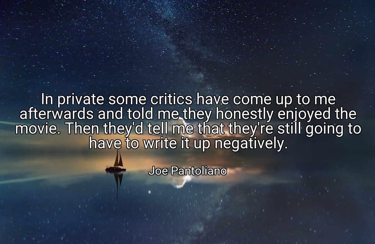 In private some critics have come up to me afterwards and told me they honestly enjoyed the movie. Then they'd tell me that they're still going to have to write it up negatively. - Joe Pantoliano