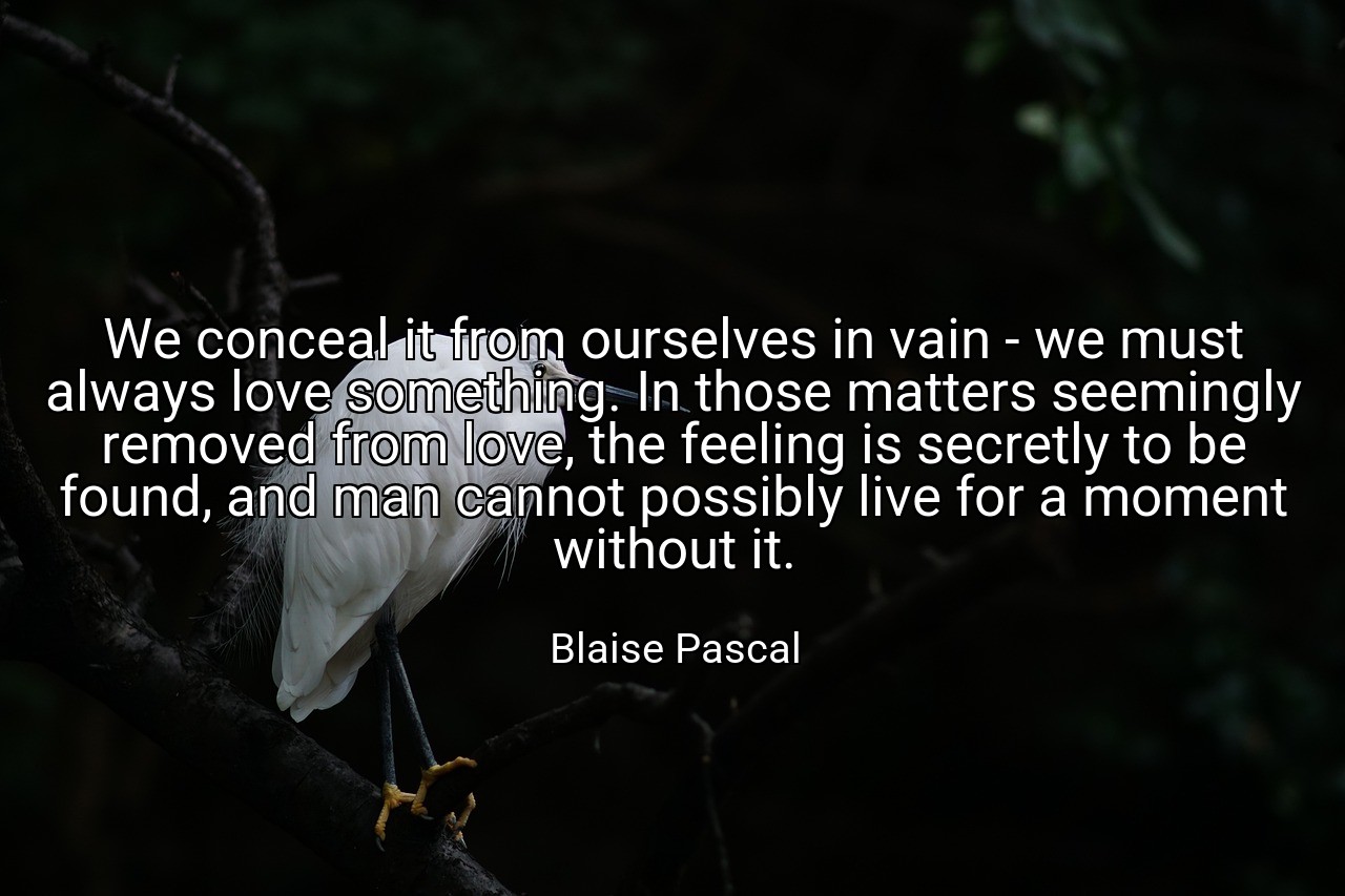 We conceal it from ourselves in vain - we must always love something. In those matters seemingly removed from love, the feeling is secretly to be found, and man cannot possibly live for a moment without it. - Blaise Pascal