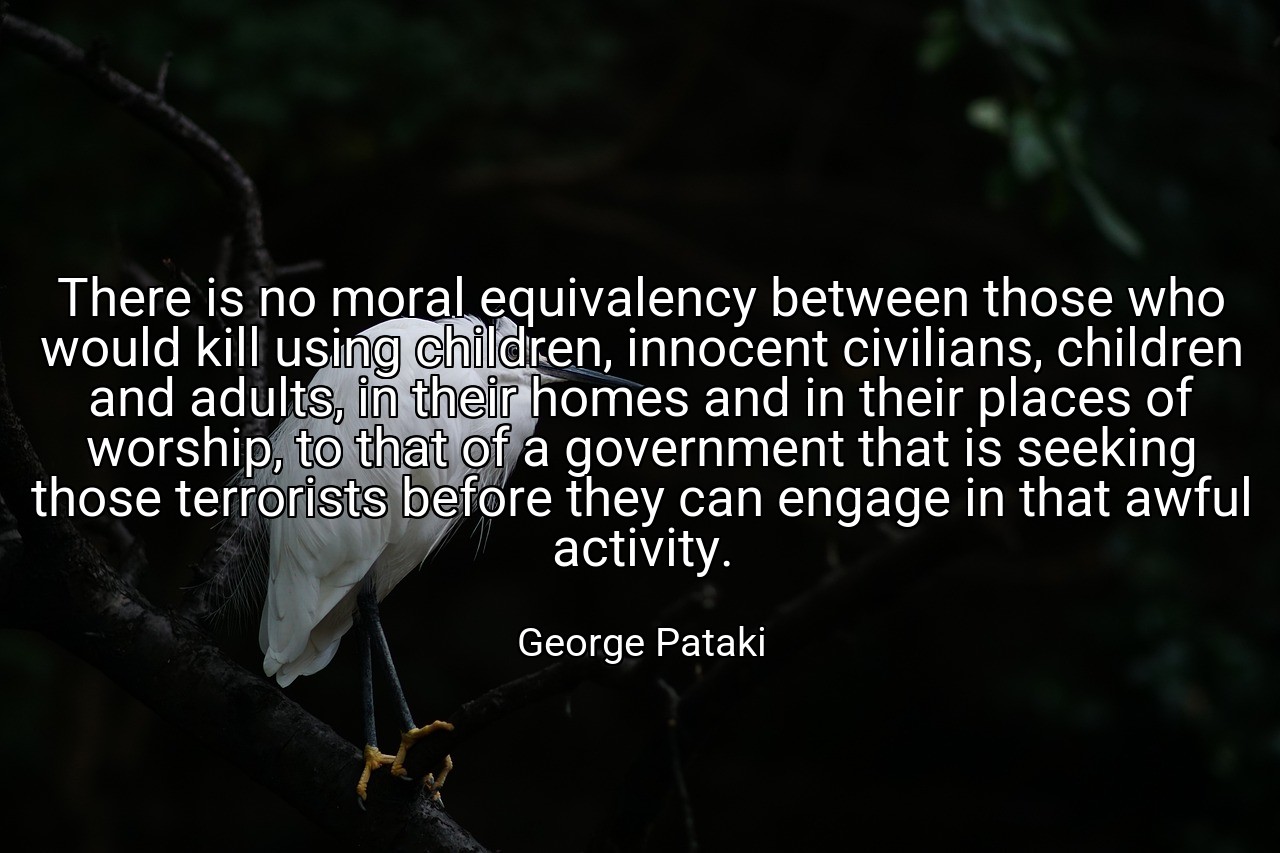 There is no moral equivalency between those who would kill using children, innocent civilians, children and adults, in their homes and in their places of worship, to that of a government that is seeking those terrorists before they can engage in that awful activity. - George Pataki