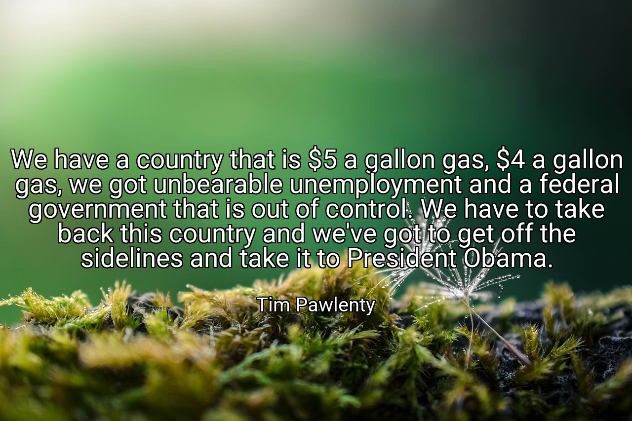 We have a country that is $5 a gallon gas, $4 a gallon gas, we got unbearable unemployment and a federal government that is out of control. We have to take back this country and we've got to get off the sidelines and take it to President Obama. - Tim Pawlenty