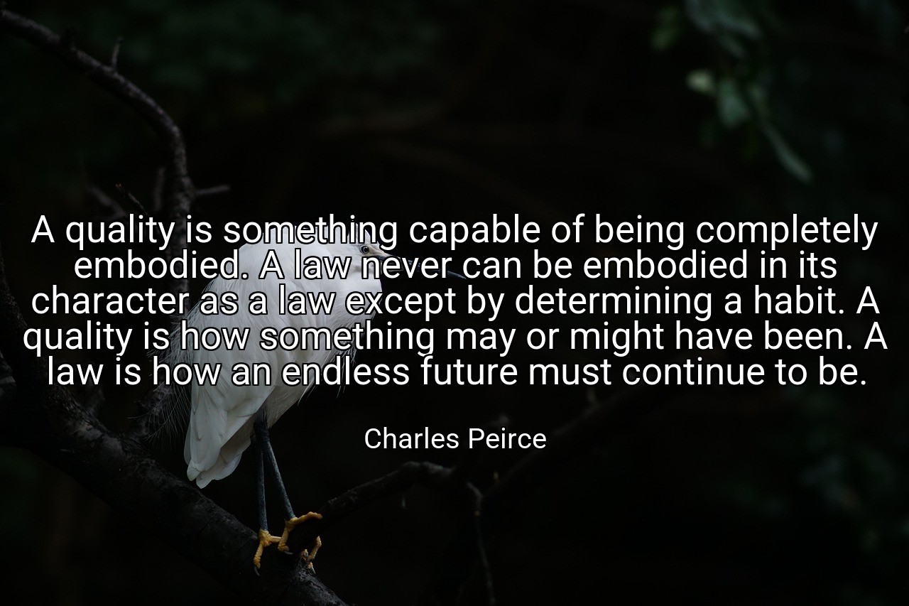 A quality is something capable of being completely embodied. A law never can be embodied in its character as a law except by determining a habit. A quality is how something may or might have been. A law is how an endless future must continue to be. - Charles Peirce