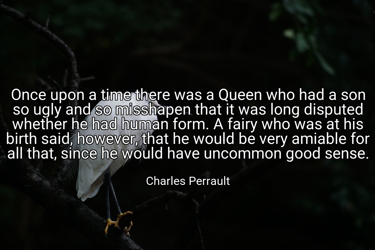 Once upon a time there was a Queen who had a son so ugly and so misshapen that it was long disputed whether he had human form. A fairy who was at his birth said, however, that he would be very amiable for all that, since he would have uncommon good sense. - Charles Perrault