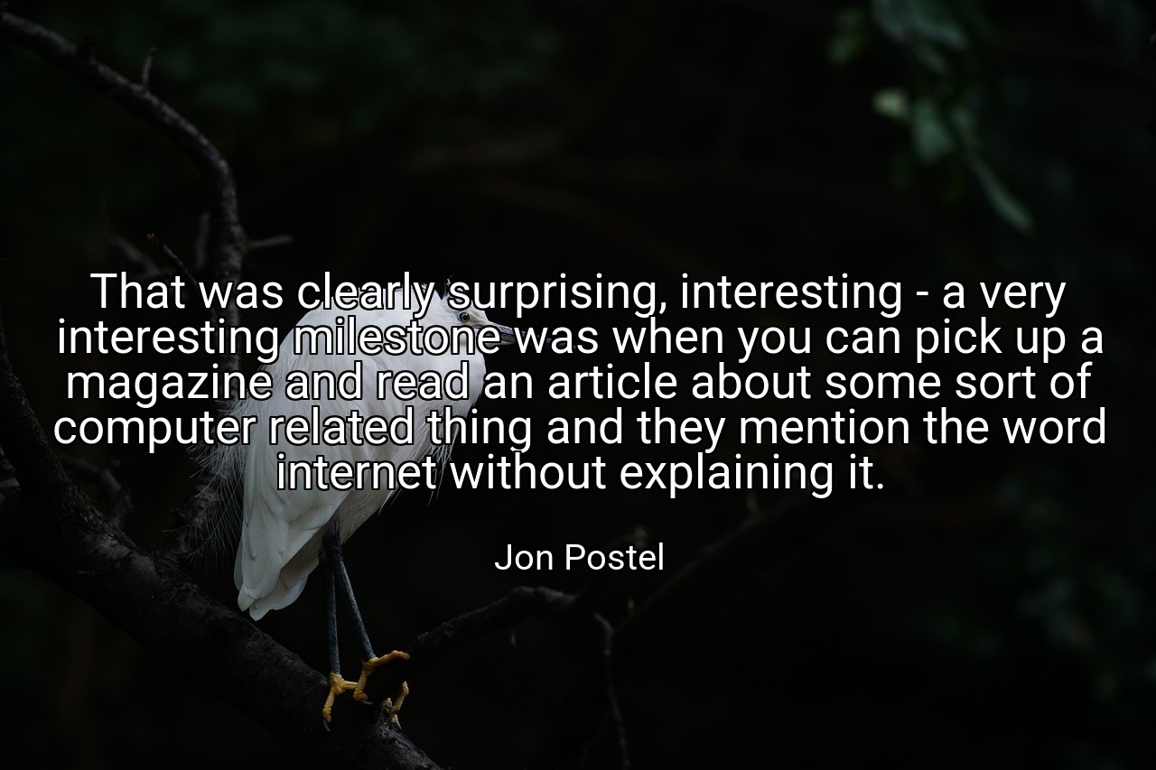 That was clearly surprising, interesting - a very interesting milestone was when you can pick up a magazine and read an article about some sort of computer related thing and they mention the word internet without explaining it. - Jon Postel