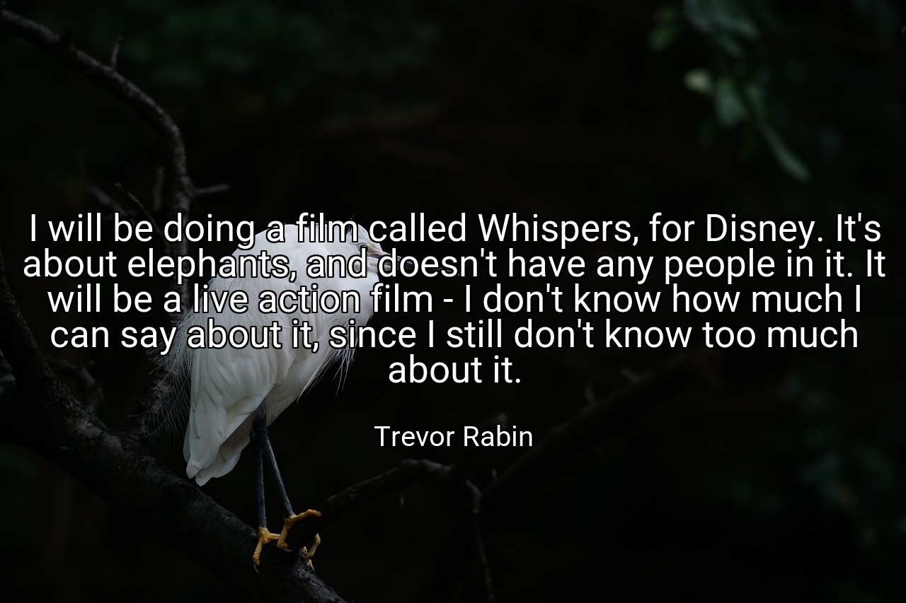 I will be doing a film called Whispers, for Disney. It's about elephants, and doesn't have any people in it. It will be a live action film - I don't know how much I can say about it, since I still don't know too much about it. - Trevor Rabin