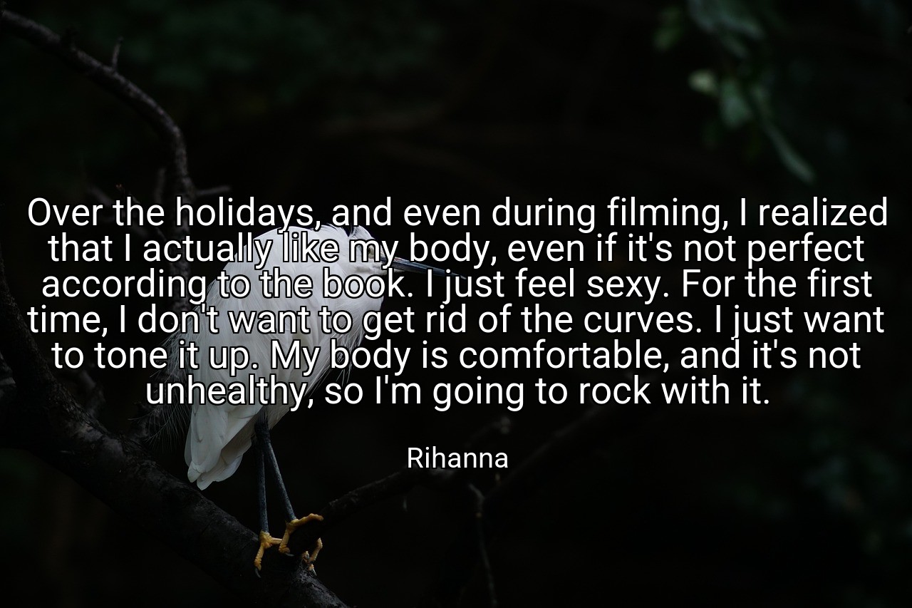 Over the holidays, and even during filming, I realized that I actually like my body, even if it's not perfect according to the book. I just feel sexy. For the first time, I don't want to get rid of the curves. I just want to tone it up. My body is comfortable, and it's not unhealthy, so I'm going to rock with it. - Rihanna
