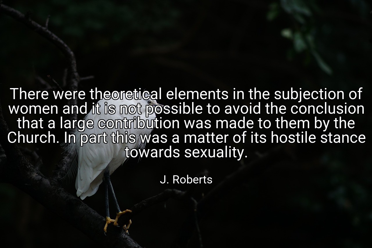 There were theoretical elements in the subjection of women and it is not possible to avoid the conclusion that a large contribution was made to them by the Church. In part this was a matter of its hostile stance towards sexuality. - J. Roberts