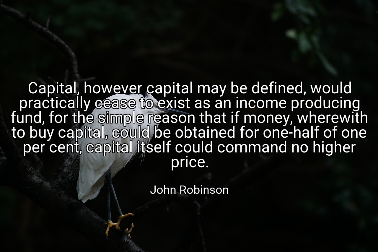 Capital, however capital may be defined, would practically cease to exist as an income producing fund, for the simple reason that if money, wherewith to buy capital, could be obtained for one-half of one per cent, capital itself could command no higher price. - John Robinson